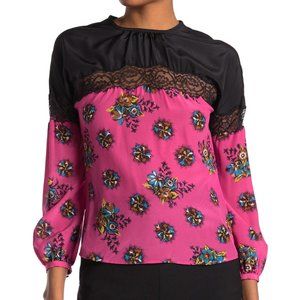 VALENTINO Silk Floral Print Lace Trim Blouse